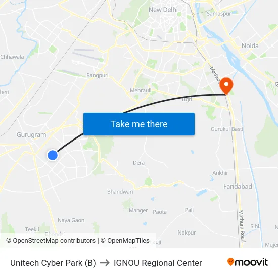Unitech Cyber Park (B) to IGNOU Regional Center map