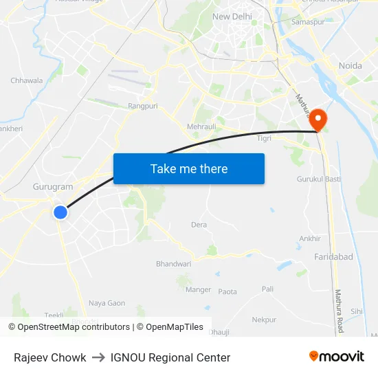 Rajeev Chowk to IGNOU Regional Center map