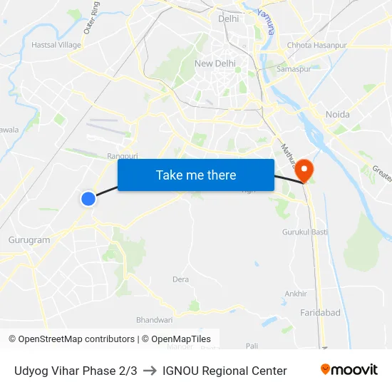 Udyog Vihar Phase 2/3 to IGNOU Regional Center map