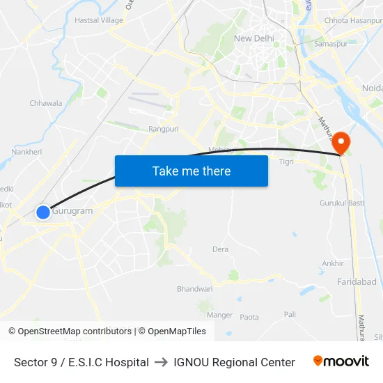 Sector 9 / E.S.I.C Hospital to IGNOU Regional Center map