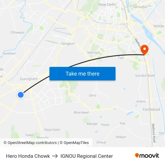 Hero Honda Chowk to IGNOU Regional Center map