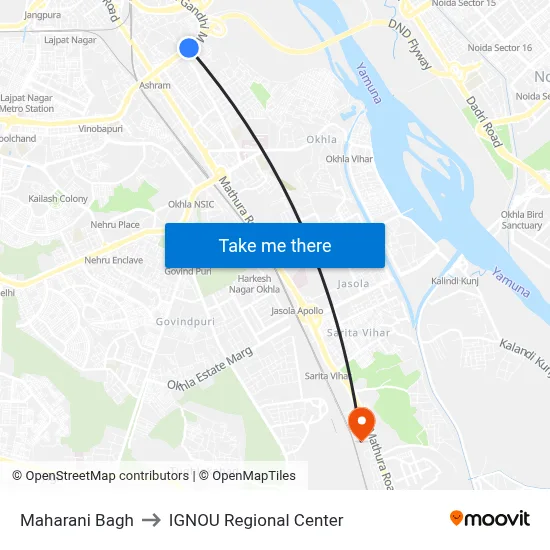 Maharani Bagh to IGNOU Regional Center map