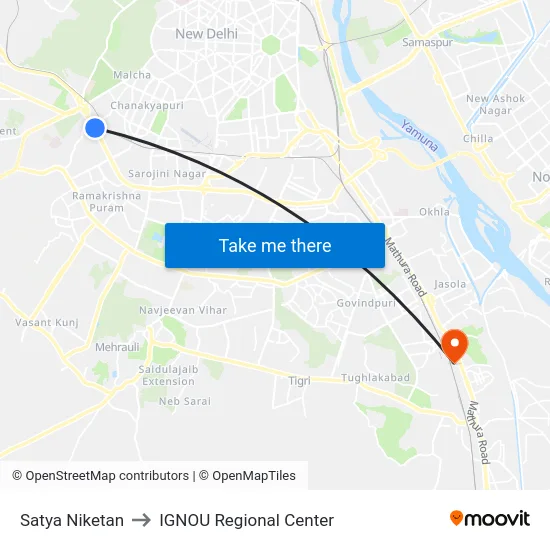 Satya Niketan to IGNOU Regional Center map