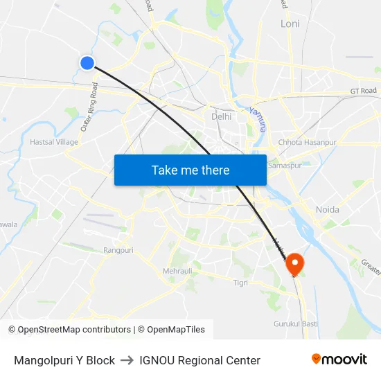 Mangolpuri Y Block to IGNOU Regional Center map