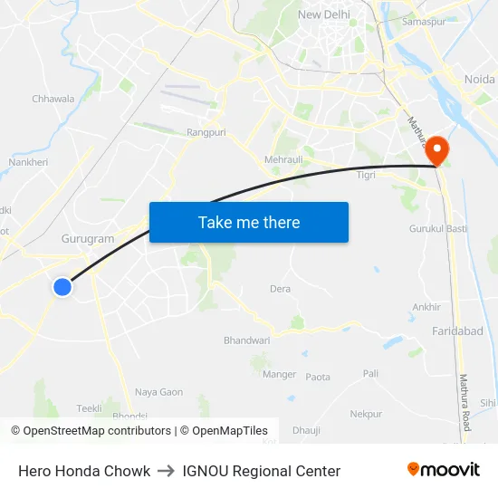 Hero Honda Chowk to IGNOU Regional Center map