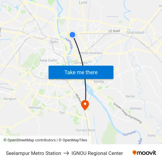 Seelampur Metro Station to IGNOU Regional Center map