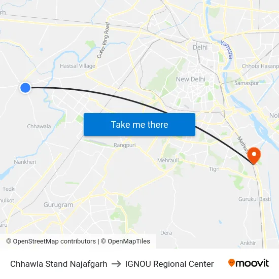 Chhawla Stand Najafgarh to IGNOU Regional Center map