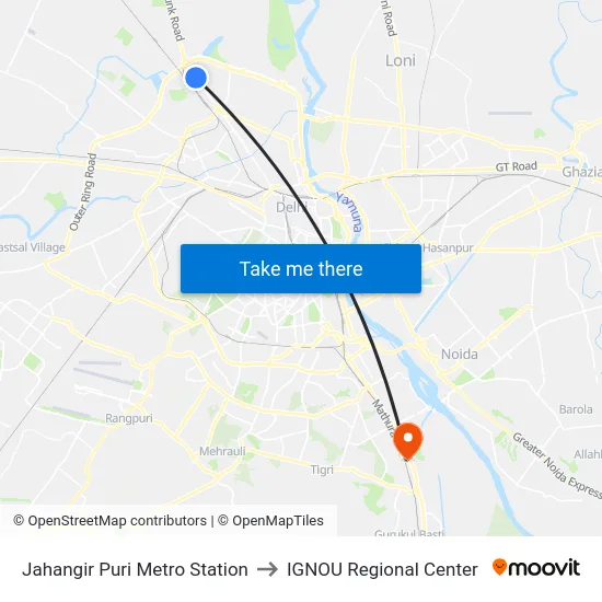 Jahangir Puri Metro Station to IGNOU Regional Center map