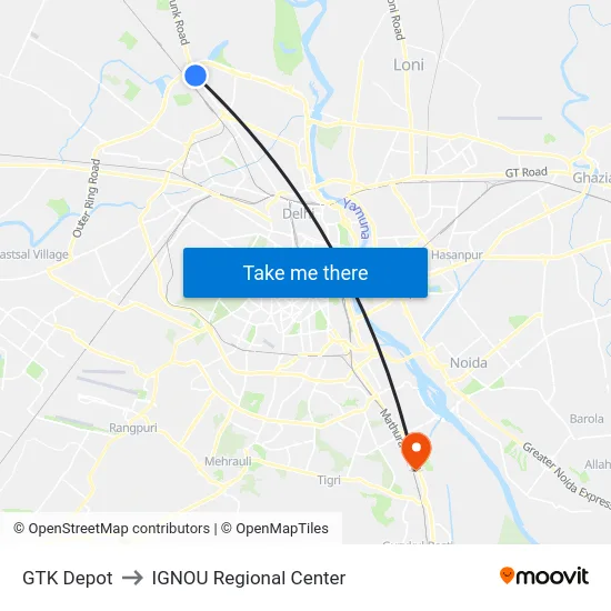 GTK Depot to IGNOU Regional Center map