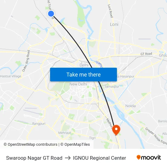 Swaroop Nagar GT Road to IGNOU Regional Center map