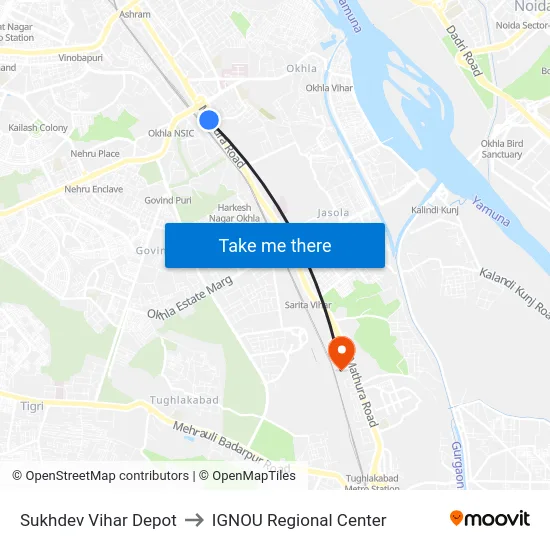 Sukhdev Vihar Depot to IGNOU Regional Center map