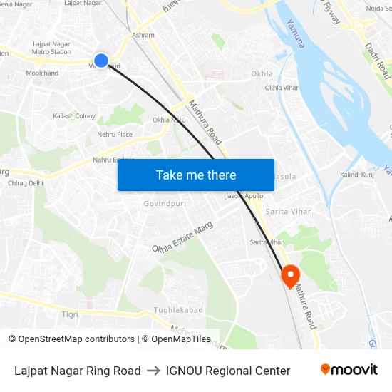 Lajpat Nagar Ring Road to IGNOU Regional Center map