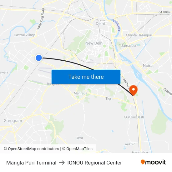 Mangla Puri Terminal to IGNOU Regional Center map