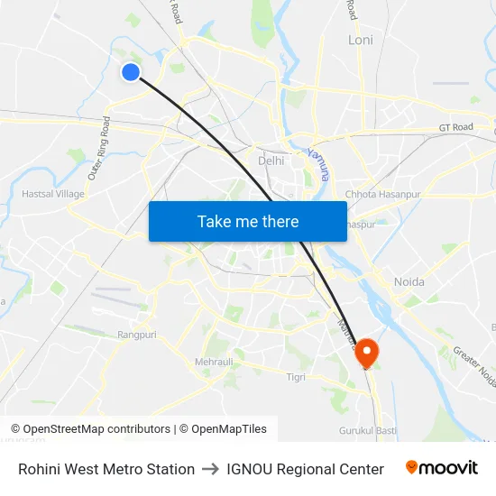 Rohini West Metro Station to IGNOU Regional Center map