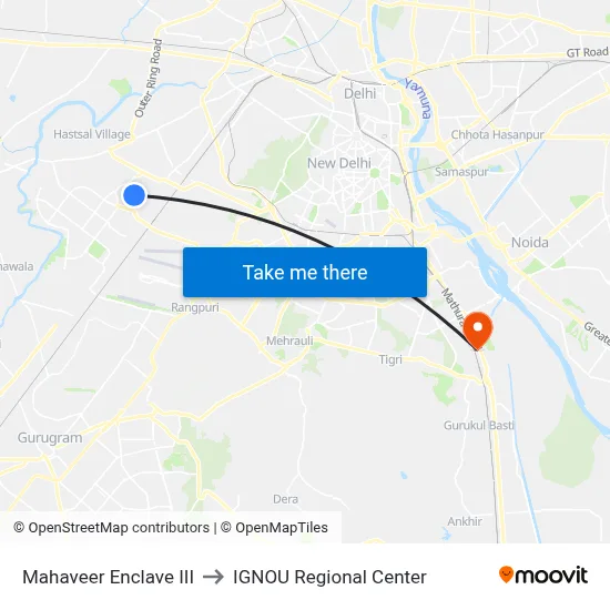 Mahaveer Enclave III to IGNOU Regional Center map