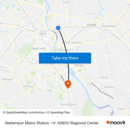 Seelampur Metro Station to IGNOU Regional Center map