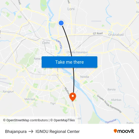 Bhajanpura to IGNOU Regional Center map