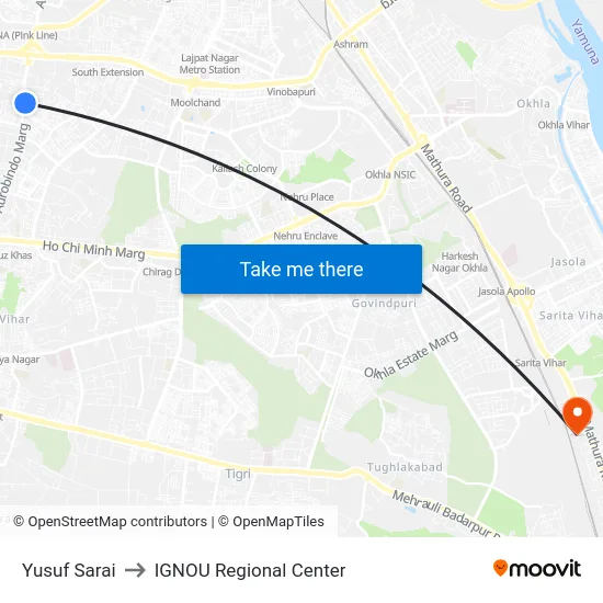 Yusuf Sarai to IGNOU Regional Center map
