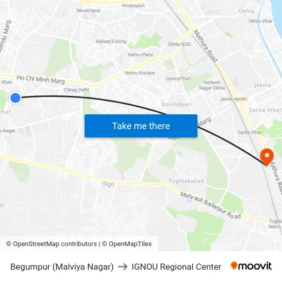 Begumpur (Malviya Nagar) to IGNOU Regional Center map