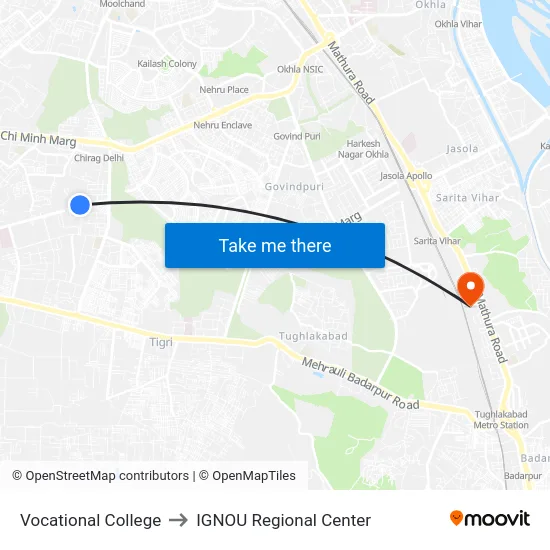 Vocational College to IGNOU Regional Center map