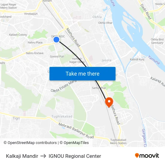Kalkaji Mandir to IGNOU Regional Center map