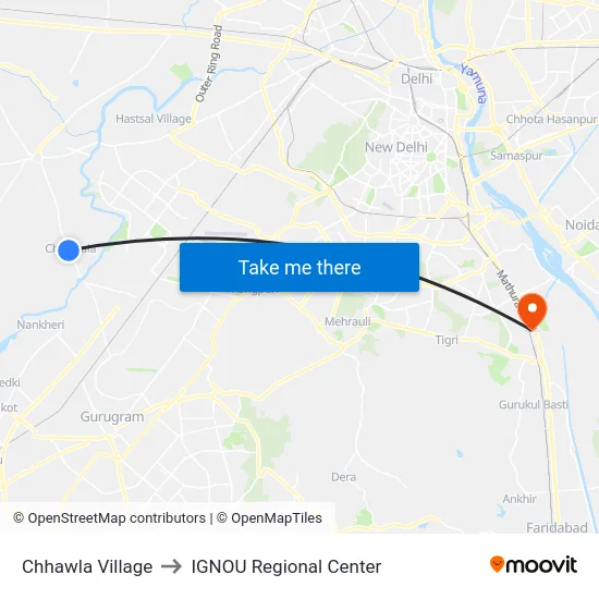 Chhawla Village to IGNOU Regional Center map