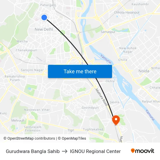 Gurudwara Bangla Sahib to IGNOU Regional Center map