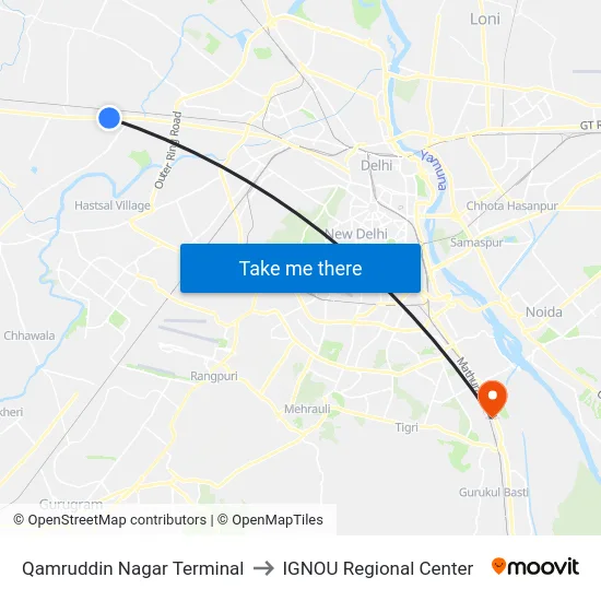Qamruddin Nagar Terminal to IGNOU Regional Center map