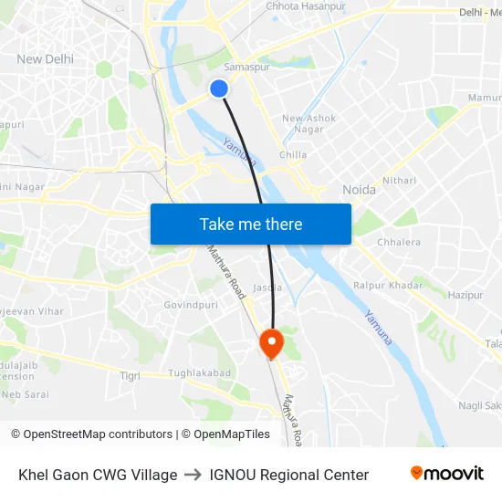 Khel Gaon CWG Village to IGNOU Regional Center map