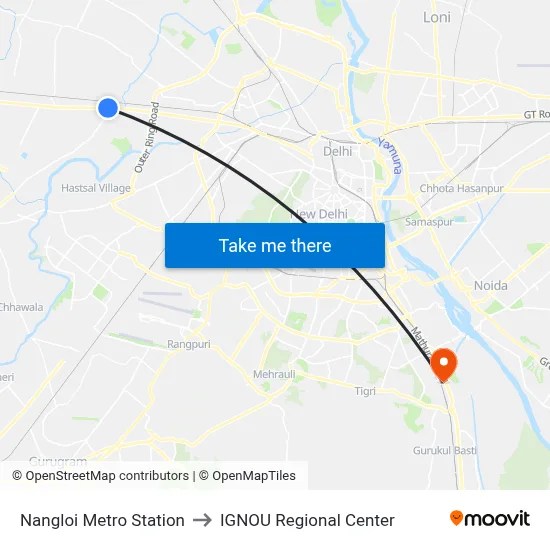 Nangloi Metro Station to IGNOU Regional Center map