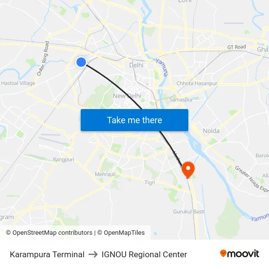 Karampura Terminal to IGNOU Regional Center map