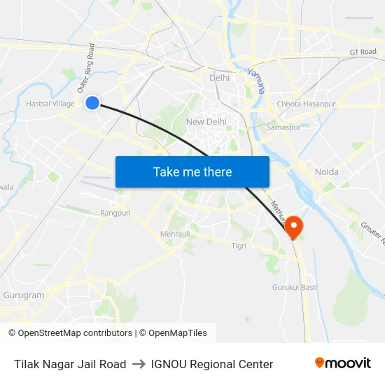 Tilak Nagar Jail Road to IGNOU Regional Center map