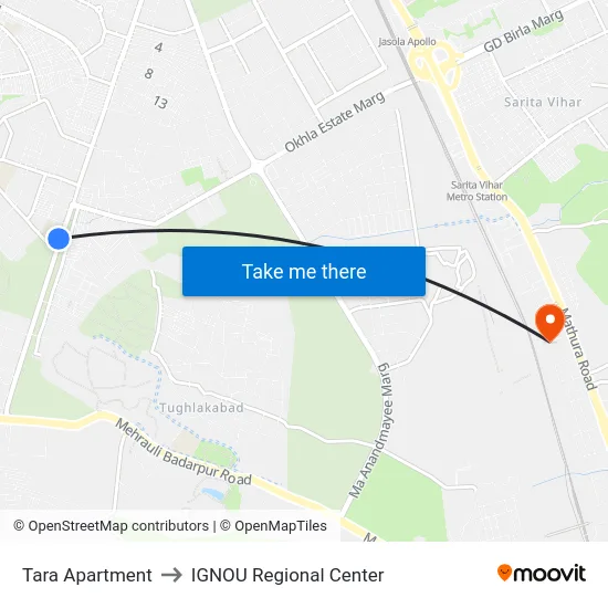 Tara Apartment to IGNOU Regional Center map
