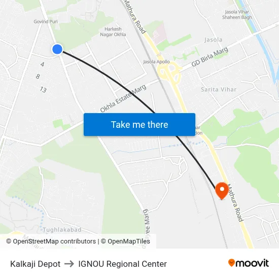Kalkaji Depot to IGNOU Regional Center map
