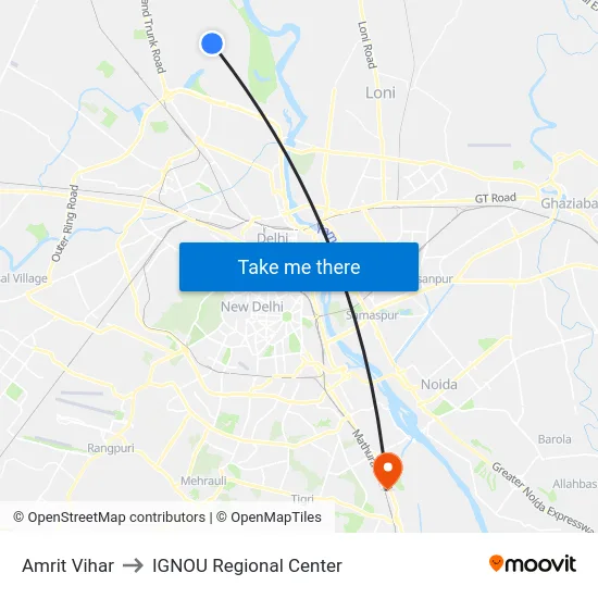 Amrit Vihar to IGNOU Regional Center map