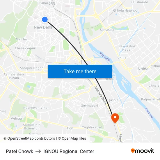 Patel Chowk to IGNOU Regional Center map