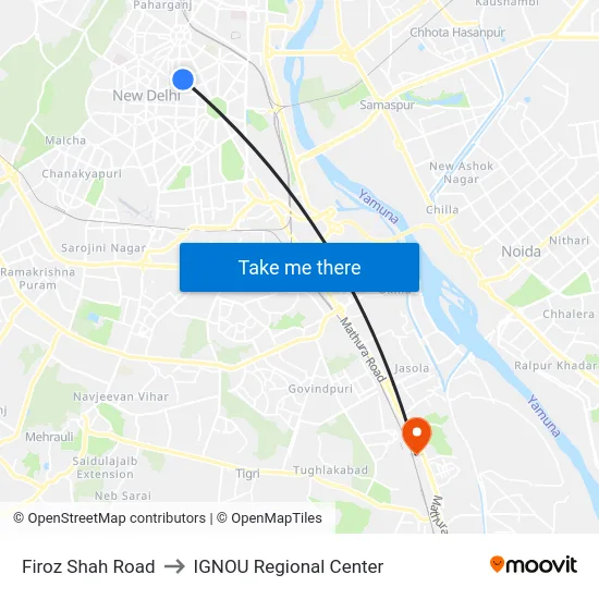 Firoz Shah Road to IGNOU Regional Center map