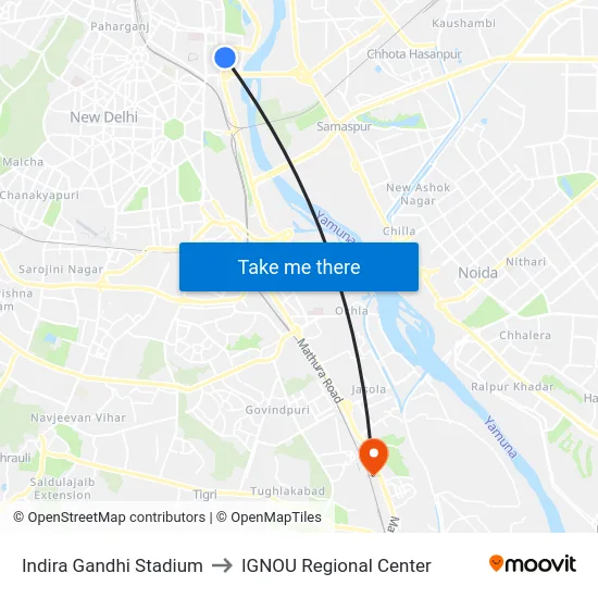 Indira Gandhi Stadium to IGNOU Regional Center map