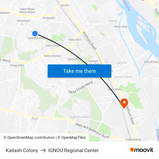 Kailash Colony to IGNOU Regional Center map