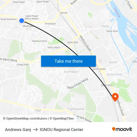 Andrews Ganj to IGNOU Regional Center map