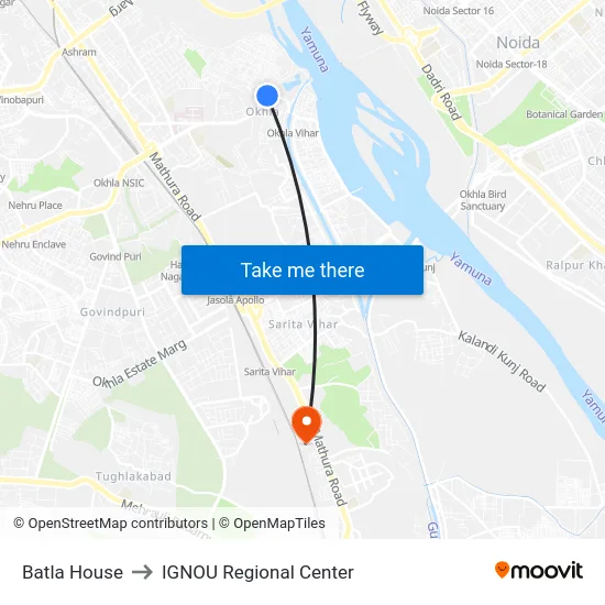 Batla House to IGNOU Regional Center map