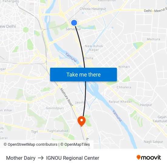 Mother Dairy to IGNOU Regional Center map