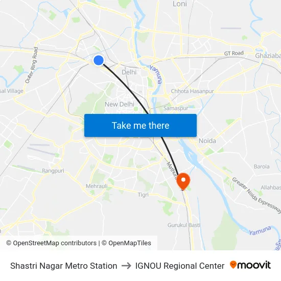 Shastri Nagar Metro Station to IGNOU Regional Center map