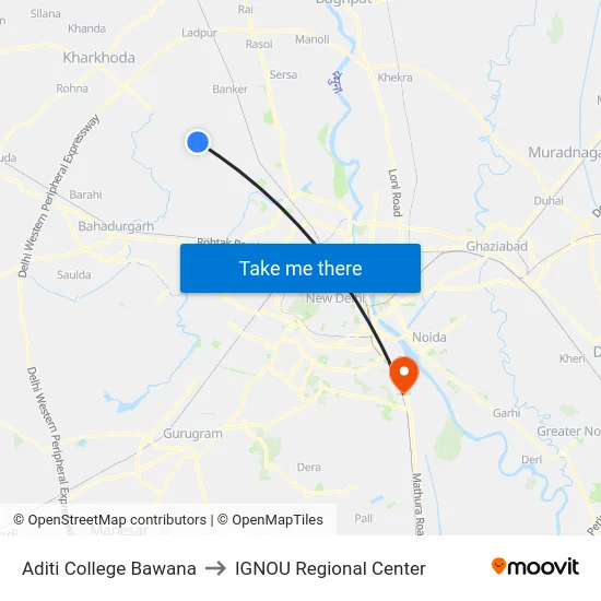 Aditi College Bawana to IGNOU Regional Center map