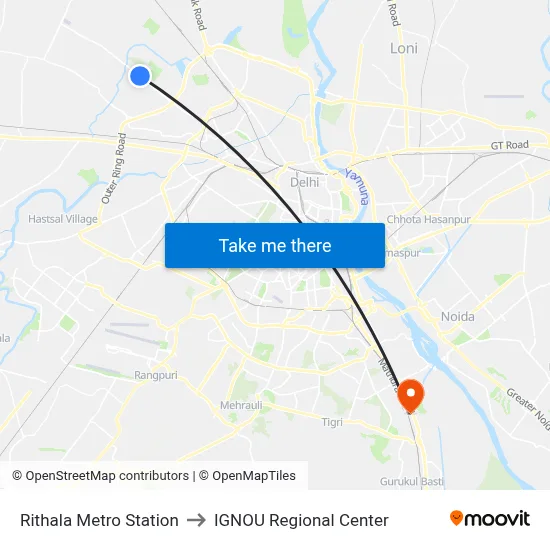 Rithala Metro Station to IGNOU Regional Center map