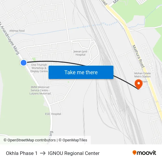 Okhla Phase 1 to IGNOU Regional Center map