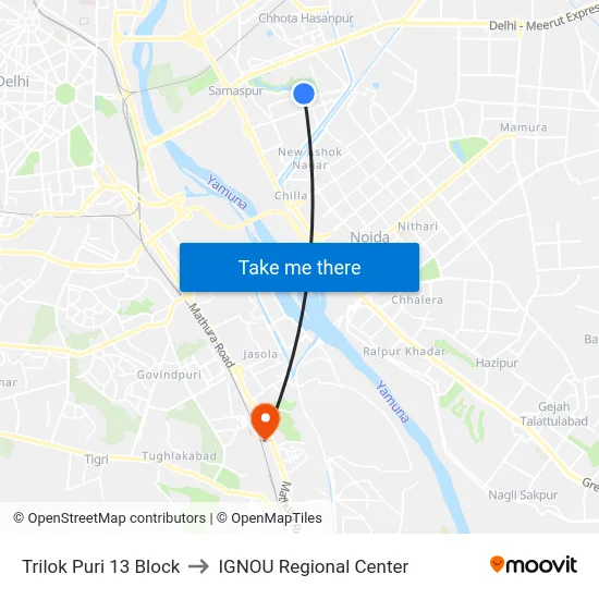 Trilok Puri 13 Block to IGNOU Regional Center map