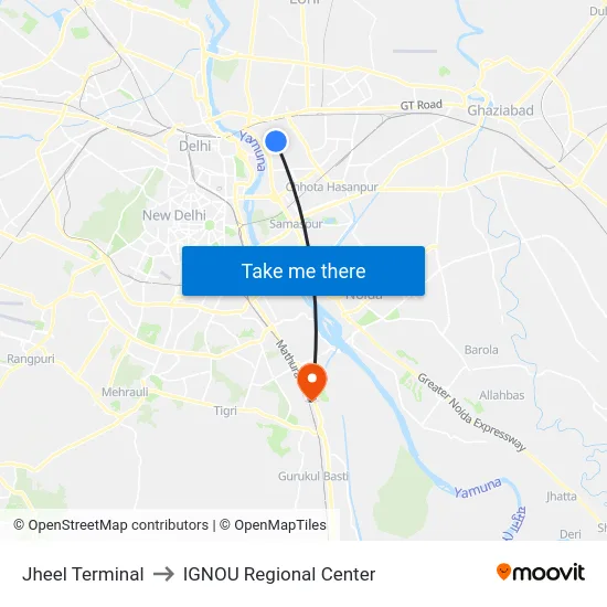 Jheel Terminal to IGNOU Regional Center map