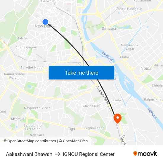 Aakashwani Bhawan to IGNOU Regional Center map