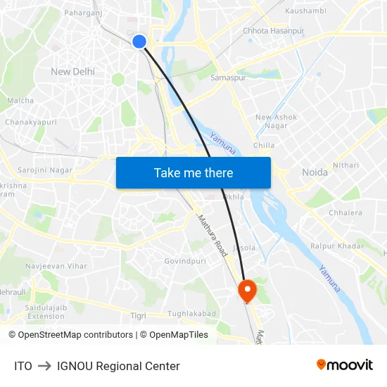 ITO to IGNOU Regional Center map